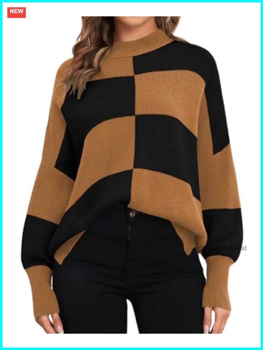 Oversized Checkered Mock Neck Dolman Sleeve Sweater Side Slit Cozy Pullover